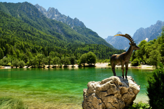 A statue of Zlatorog goldhorn at Lake Jasna in Kranjska Gora, Slovenia
