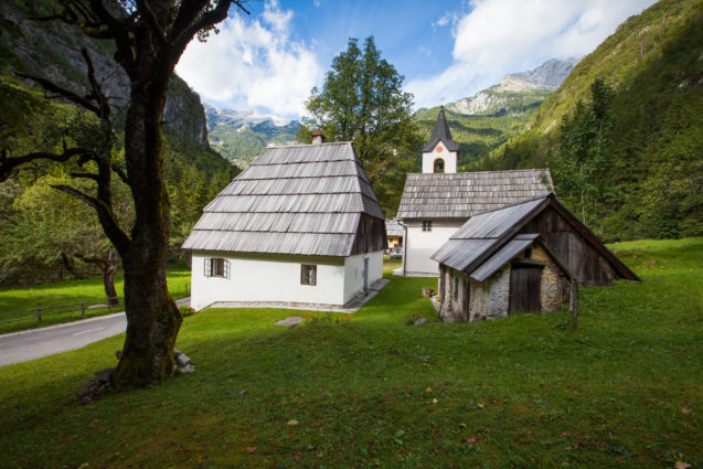 A hamlet with traditional houses in Trenta Valley, Slovenia