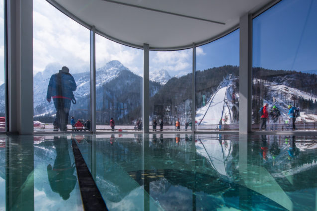 Large glass windows of the main building at Planica Nordic Centre in Slovenia