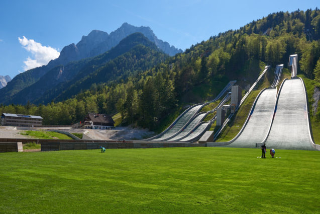 Planica Nordic Centre with several ski jumping hills in summer