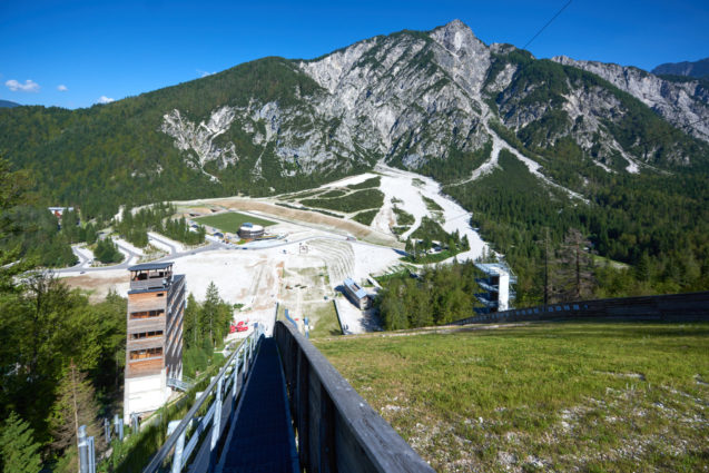 View of Planica Nordic Centre from the ski flying hill in summer