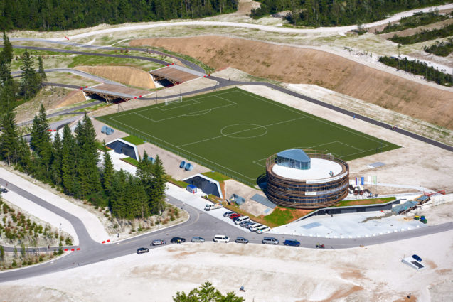 A footbal field at Planica Nordic Centre in Slovenia in summer