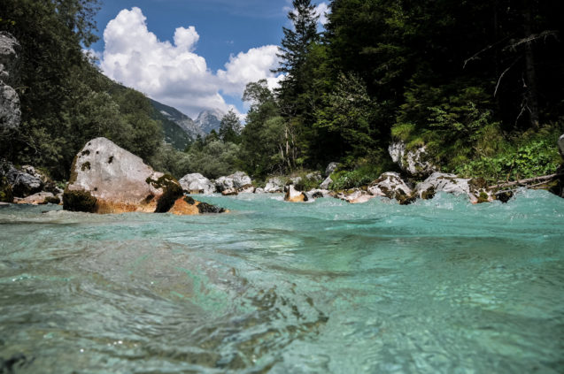 Crystal clear Soca River in Trenta Valley in Slovenia