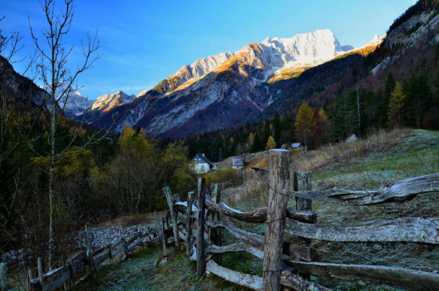 Traditional wooden fence in Trenta Valley in winter