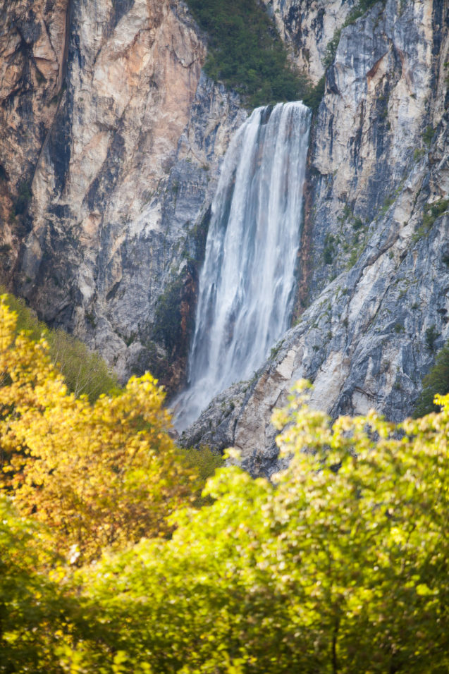 A view of Boka Waterfall, one of the most fluid and most spectacular waterfalls in Slovenia