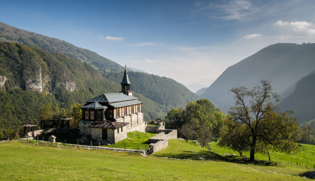 View of Javorca Memorial Church of the Holy Spirit in Zatolmin, Slovenia