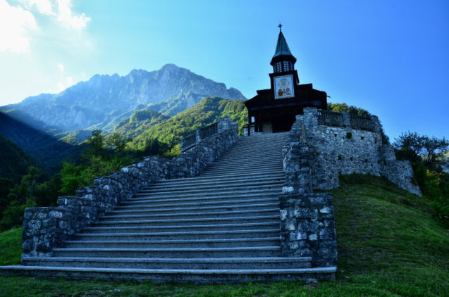 Exterior of Javorca Memorial Church of the Holy Spirit in Zatolmin, Slovenia