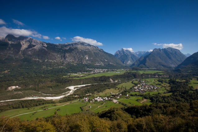 Aerial view of Soca River in Soca Valley in northwestern Slovenia