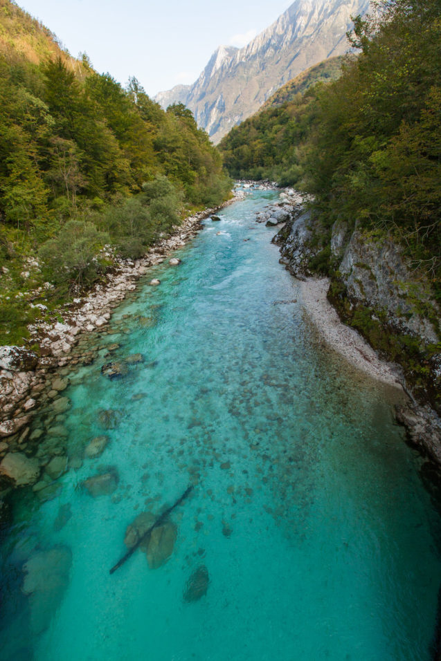 Emerald Soca River flowing through the western Slovenia
