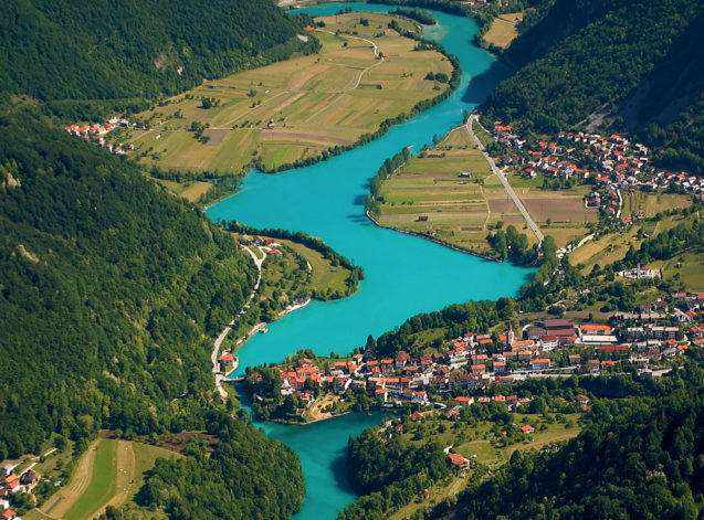 Emerald green Soca river at the town of Most Na Soci in western Slovenia