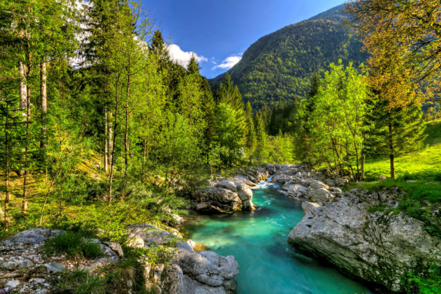 Soca River with its unique emerald color in northwestern Slovenia