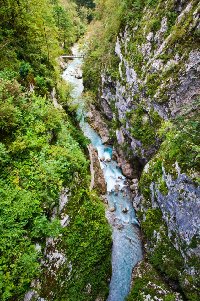 Aerial view of Tolminka River in Tolmin Gorge in Slovenia