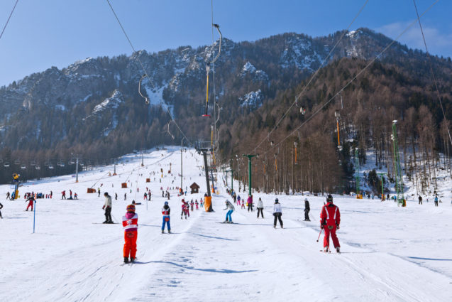 J-bar ski lifts on the slopes of Kranjska Gora Ski Resort in Slovenia