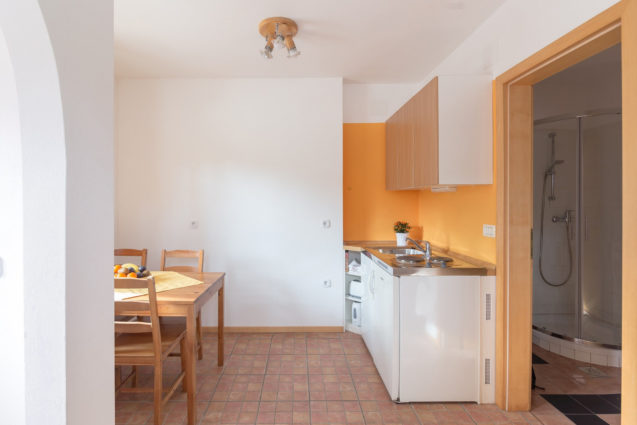 Kitchenette and bathroom doors in Duplex Apartment with Balcony at Apartments Valant Bled in Slovenia