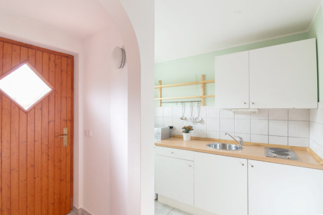 Entrance and kitchen in Cosy Apartment With Terrace at Apartments Valant Bled in Slovenia