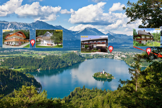 Lake Bled and the locations of our accommodations in the Lake Bled area of Slovenia