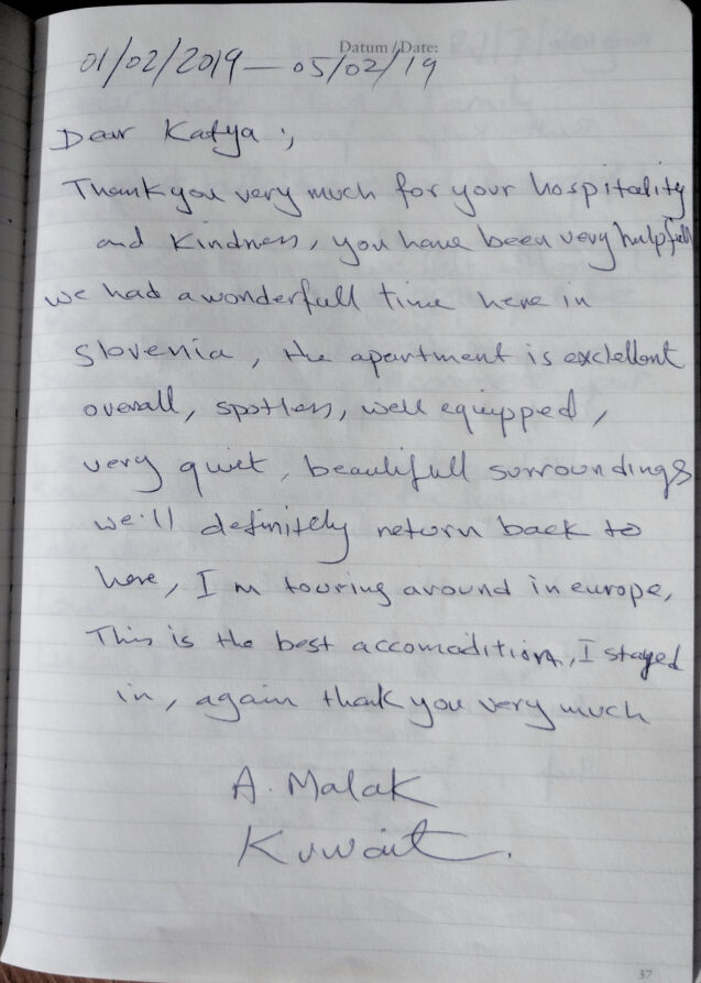 Page 1 with handwritten notes from the guestbook in Modern Apartment With Balcony at Apartments Fine Stay