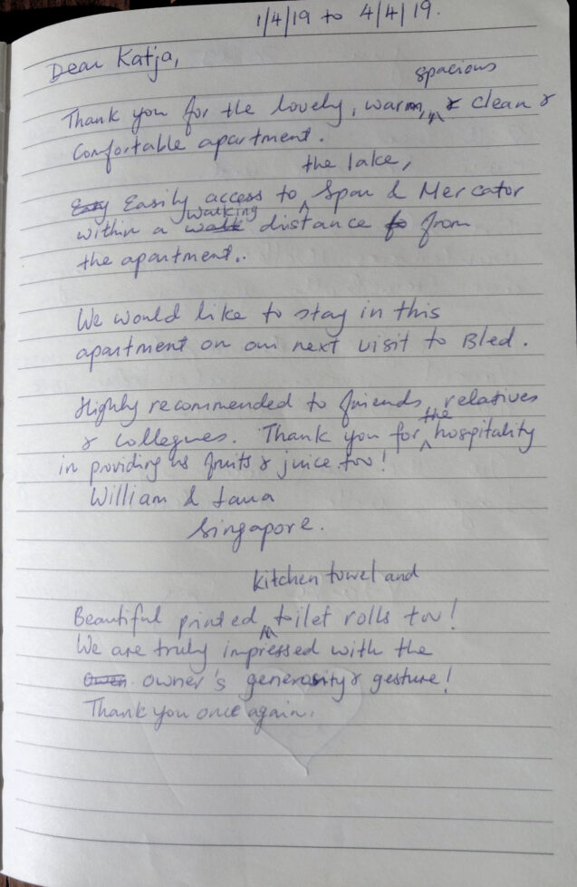 Page 3 with handwritten notes from the guestbook in Spacious Apartment With 2 Balconies at Apartments Fine Stay Bled