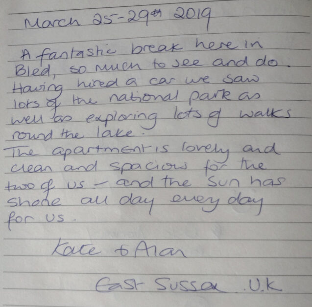 A note from a couple from East Sussex, U.K. who stayed in Spacious Apartment With 2 Balconies at Apartments Fine Stay Bled in March 2019