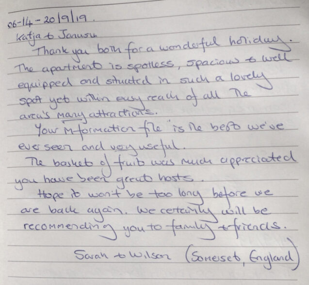 A note from a couple from England who stayed in the Superior Apartment at Apartments Fine Stay in June 2019