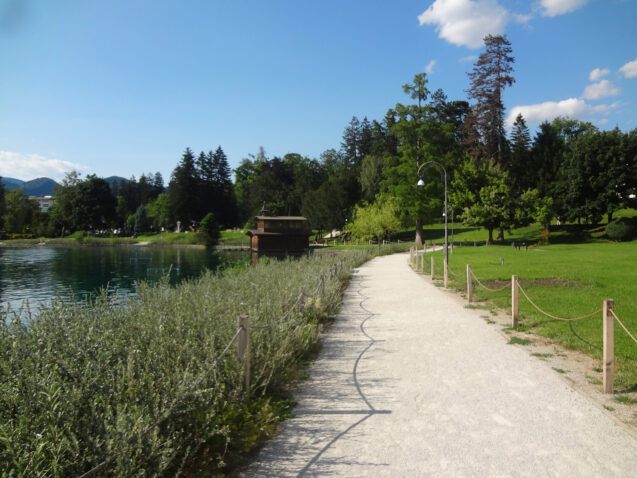 View of Lake Bled walking paths in summer