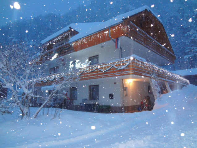 Exterior of Apartments Fine Stay in Slovenia in the Christmas time during snowfall