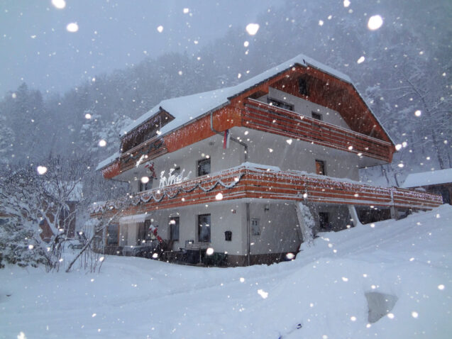 Exterior of Apartments Fine Stay in Slovenia in the festive season during snowfall