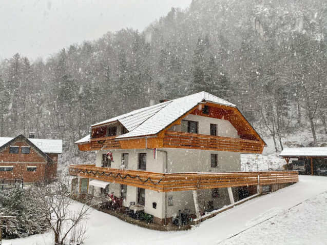 Exterior of the larger house of accommodation Apartments Fine Stay during snowing in winter