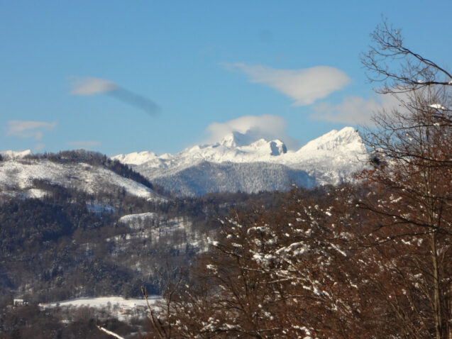 Zoomed-in view of Mt Triglav, Slovenia's highest mountain, from accommodation Apartments Fine Stay, on a clear winter day