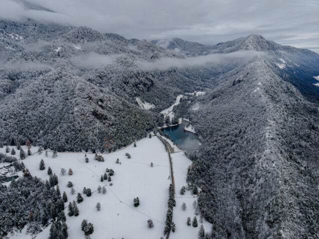 A remarkable aerial view of the Zavrsnica lake in winter when the whole area is covered in snow
