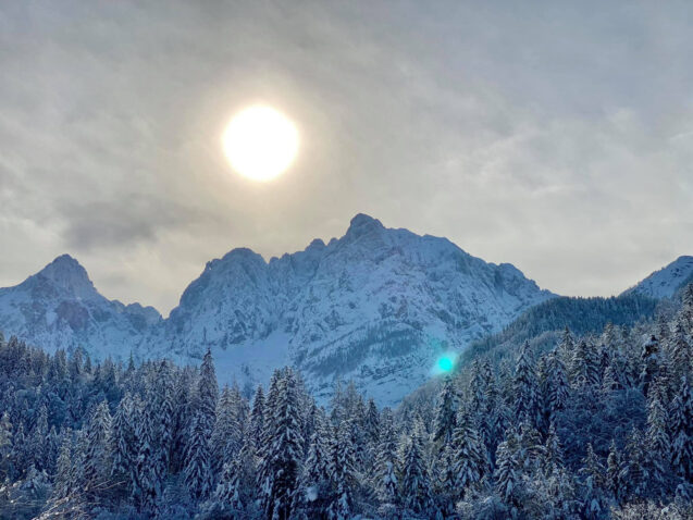 Mount Razor and Mount Prisank in the Julian Alps in winter