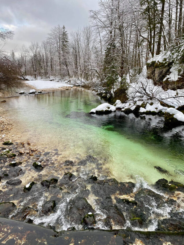 Savica Stream in Bohinj covered in snow on a dull winter day