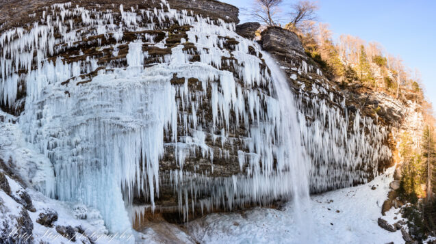 Panorama of the frozen Waterfall Pericnik in winter