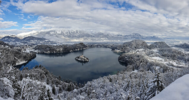 Panorama of Lake Bled from Mala Osojnica Viewpoint in winter