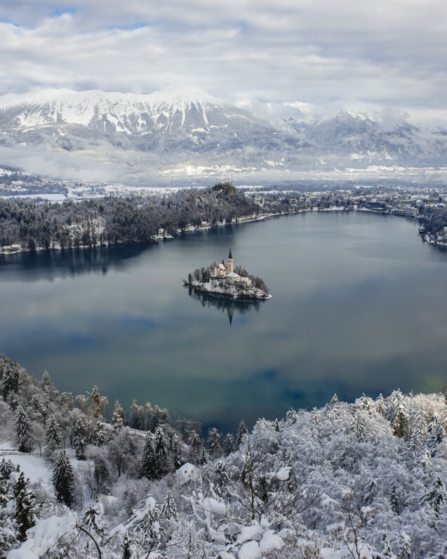 Aerial view of Lake Bled in winter