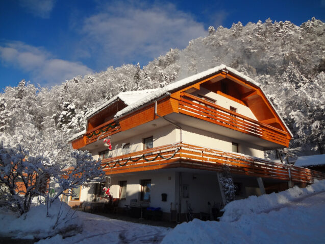 Exterior of accommodation Fine Stay Apartments in Slovenia on a clear day after snowfall