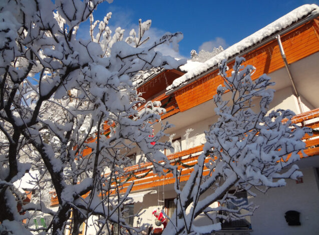 Exterior of accommodation Fine Stay Apartments in Slovenia on a clear day after snowfall