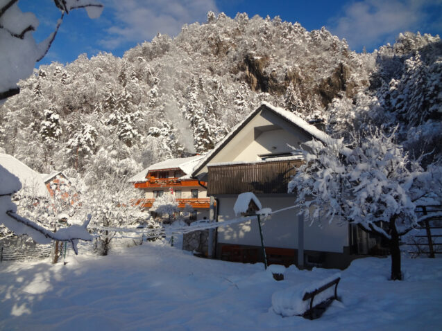 Exterior of accommodation Fine Stay Apartments in Slovenia on a clear day after snowfall