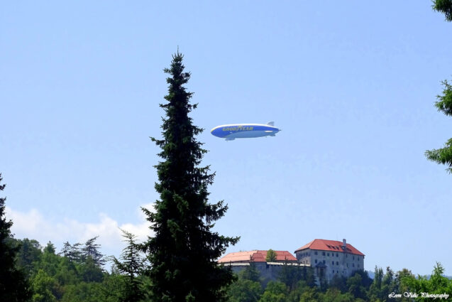 Goodyear Zeppelin over Bled Castle in Slovenia