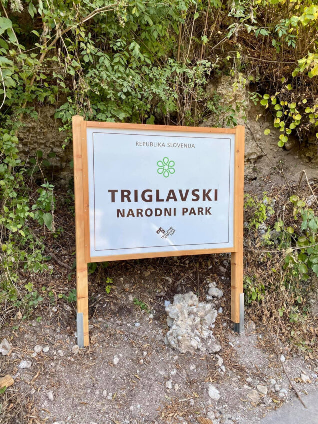 Triglav National Park sign board in Vintgar Gorge in the Bled area of Slovenia