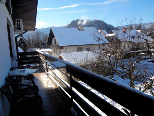 View from the balcony at accommodation Apartments Fine Stay Bled in Slovenia in winter