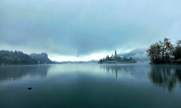 Lake Bled and its island with the first snow of the 2021-22 wwinter