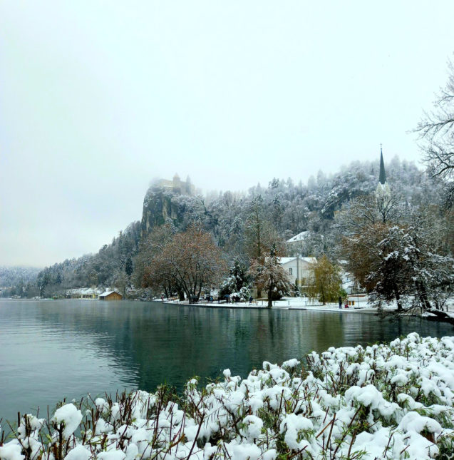 Bled Castle covered in snow in winter above Lake Bled in Slovenia