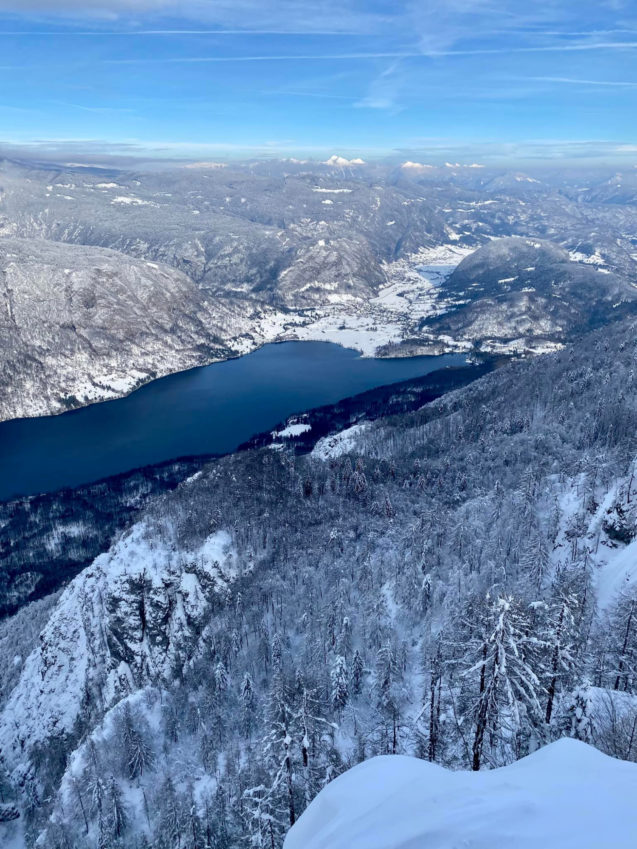 Winter view of Lake Bohinj and the surrounding mountains of Slovenian Alps from Vogel viewpoint