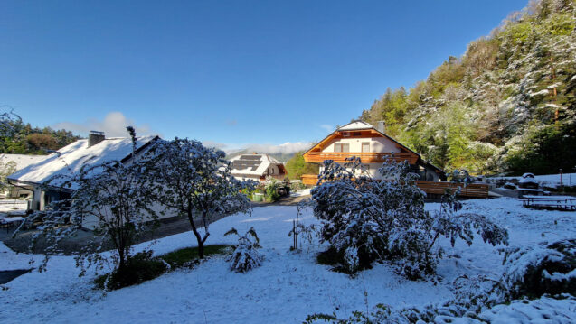 Accommodation Fine Stay Apartments in Slovenia in spring covered with snow