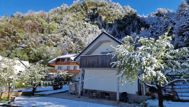 Accommodation Fine Stay Apartments in the Lake Bled area of Slovenia in spring covered with snow